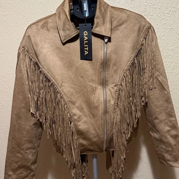 Western Tan fringe cropped moto zip jacket faux suede with belt women’s MEDIUM - Picture 7 of 15